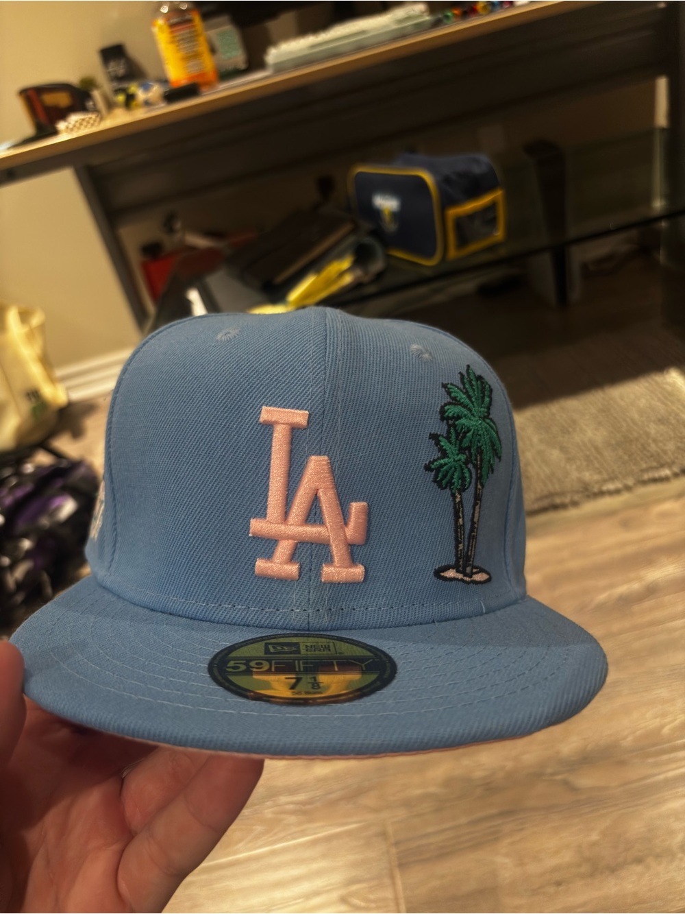 New Era LA Dodgers Sky Blue Hat with Pink Logo & Palm Tree